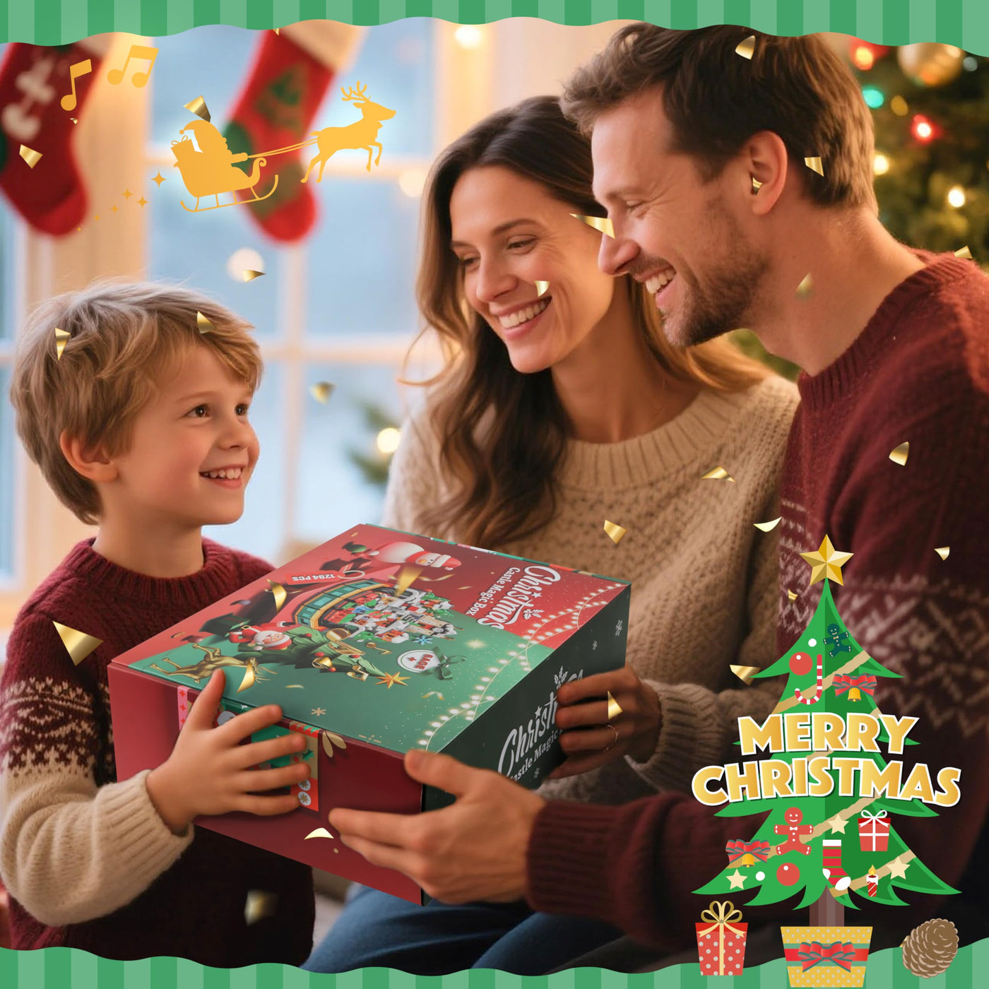 Charmofun Weihnachtsschloss Bausatz, Weihnachten Bauspielzeug Rotierbar mit Licht und Musik, Weihnachtsdorf Achterbahn Bausteine mit Weihnachtsbaum Zug für Erwachsene Kinder Jahren 8+