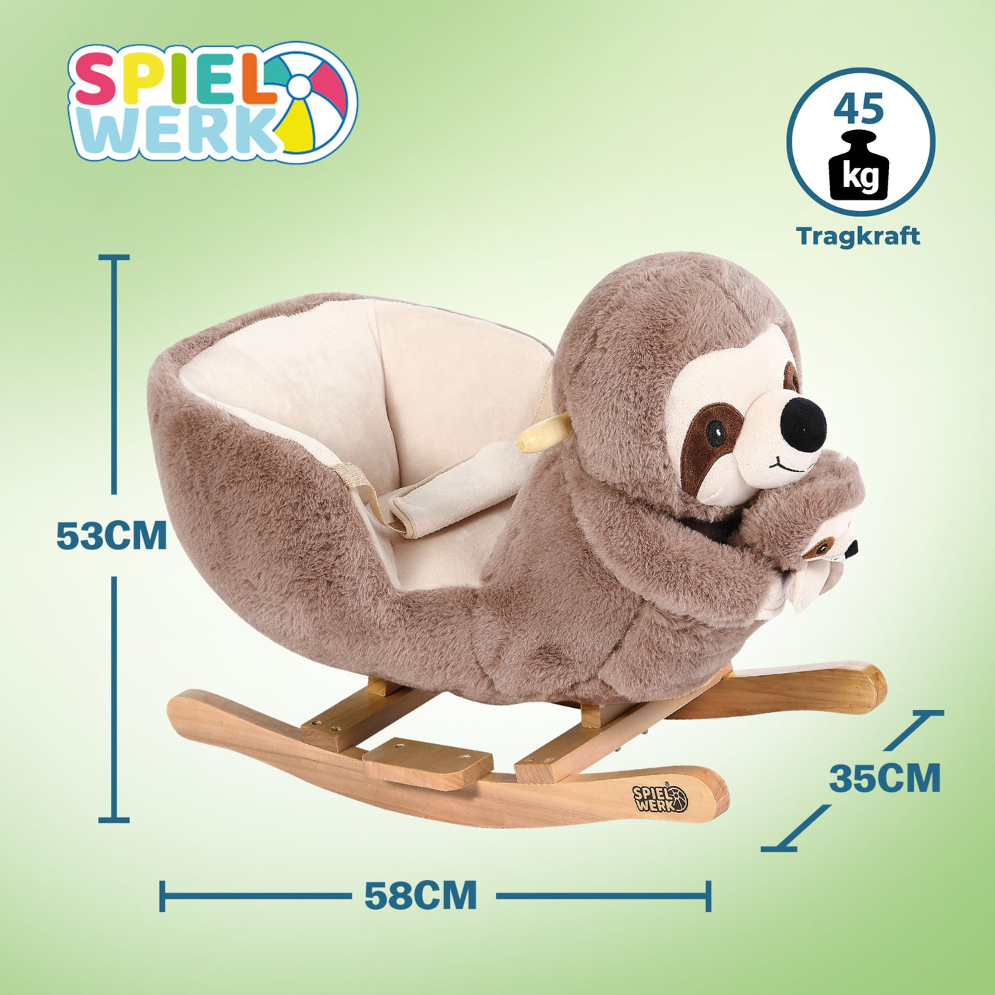 Spielwerk® Schaukeltier Faultier mit Babyfaultier inkl. Sound Effekt Sicherheitsgurt Plüsch Schaukel Wippe Kinder Baby Spielzeug Balancetraining besonders weich Schaukelpferd