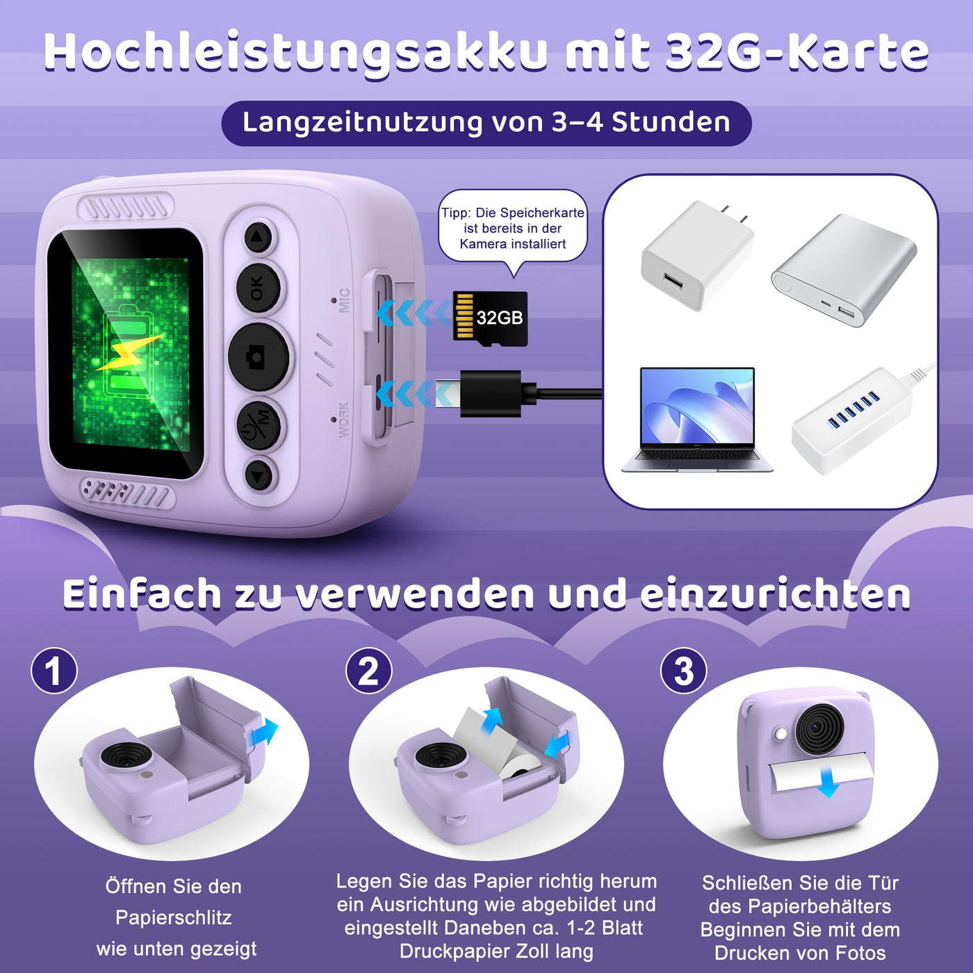 Kinderkamera Sofortbildkamera, Kinder Kamera mit 32GB Karte & 4 Bände Druckpapier, 48MP Sofortbildkamera Kinder mit 1080P Digitalkamera für Kinder, Geschenke für Mädchen und Jungen von 3 bis 12 Jahre