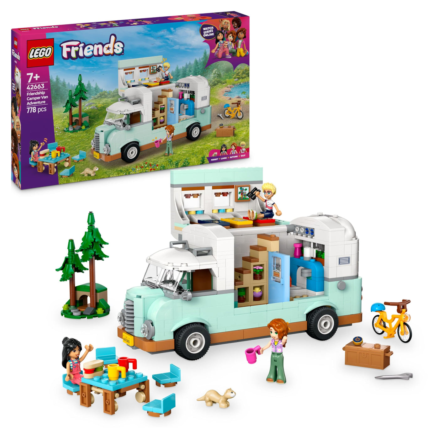 LEGO Friends Wohnmobil, Bauset für Rollenspiele mit einem Spielzeug Wohnwagen, Geschenk für Mädchen ab 7 Jahren, kreatives Spielset mit 3 Minifiguren und Frettchen Tierfigur 42663