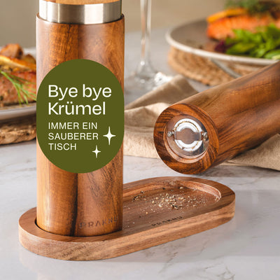 Salz und Pfeffermühle aus Akazienholz mit Untersetzer - Nachhaltiges FSC® Holz - Langlebiges Keramikmahlwerk - Plastikfrei