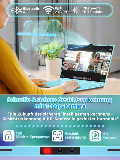 Fsjun 16" Laptop Notebook Blau, N95 bis 3,4 GHz, 16GB RAM 1TB SSD, 2.5K QHD IPS 2560×1600 Screen, 7-farbige beleuchtete Tastatur, Face Unlock, USB-C/HDMI/WiFi/BT, DE Tastaturschutz