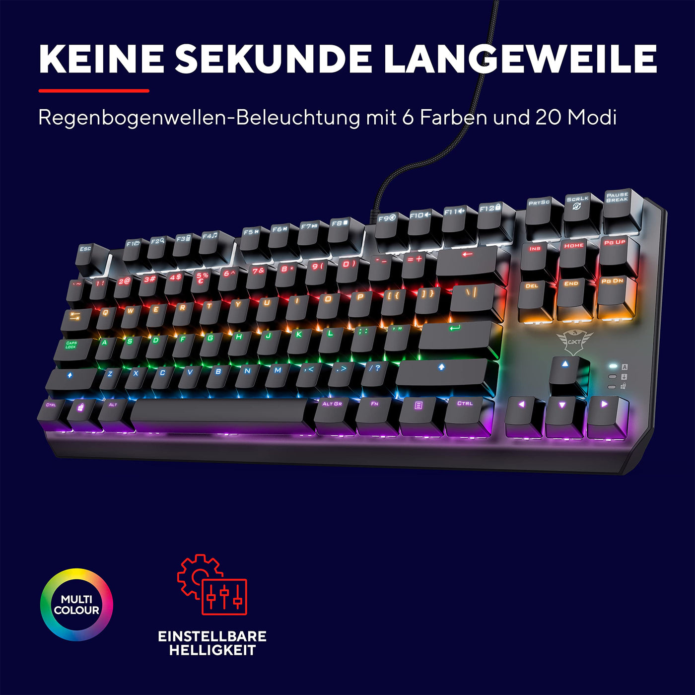 Trust Gaming GXT 834 Callaz TKL Mechanische Tastatur, Deutsches QWERTZ Layout, Outemu-Schalter, Mehrfarbige LED-Beleuchtung, 12 Media-Tasten, USB Gaming Tastatur 80% für PC, Laptop, Mac Schwarz