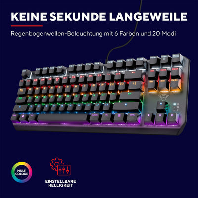 Trust Gaming GXT 834 Callaz TKL Mechanische Tastatur, Deutsches QWERTZ Layout, Outemu-Schalter, Mehrfarbige LED-Beleuchtung, 12 Media-Tasten, USB Gaming Tastatur 80% für PC, Laptop, Mac Schwarz