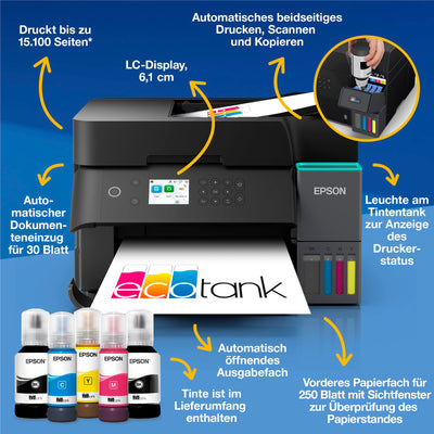 EcoTank ET-3950 A4-Multifunktionsdrucker mit Wi-Fi & AirPrint Tintentank, automatischem Dokumenteneinzug, beidseitigem Druck, Scannen & Kopieren, bis zu 3 Jahre Tinte im Lieferumfang enthalten