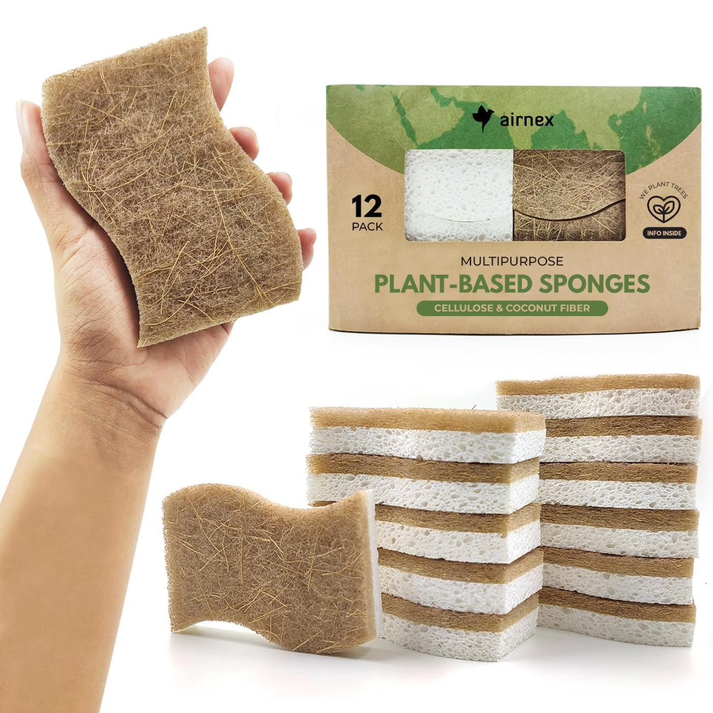 AIRNEX Biologisch Abbaubarer Spülschwamm 12er Set – Kompostierbarer Naturschwamm Aus Zellulose und Kokosfasern Mit Scheuerschwamm – Umweltfreundlicher Putzschwamm – Geruchloser Küchenschwamm Sponge