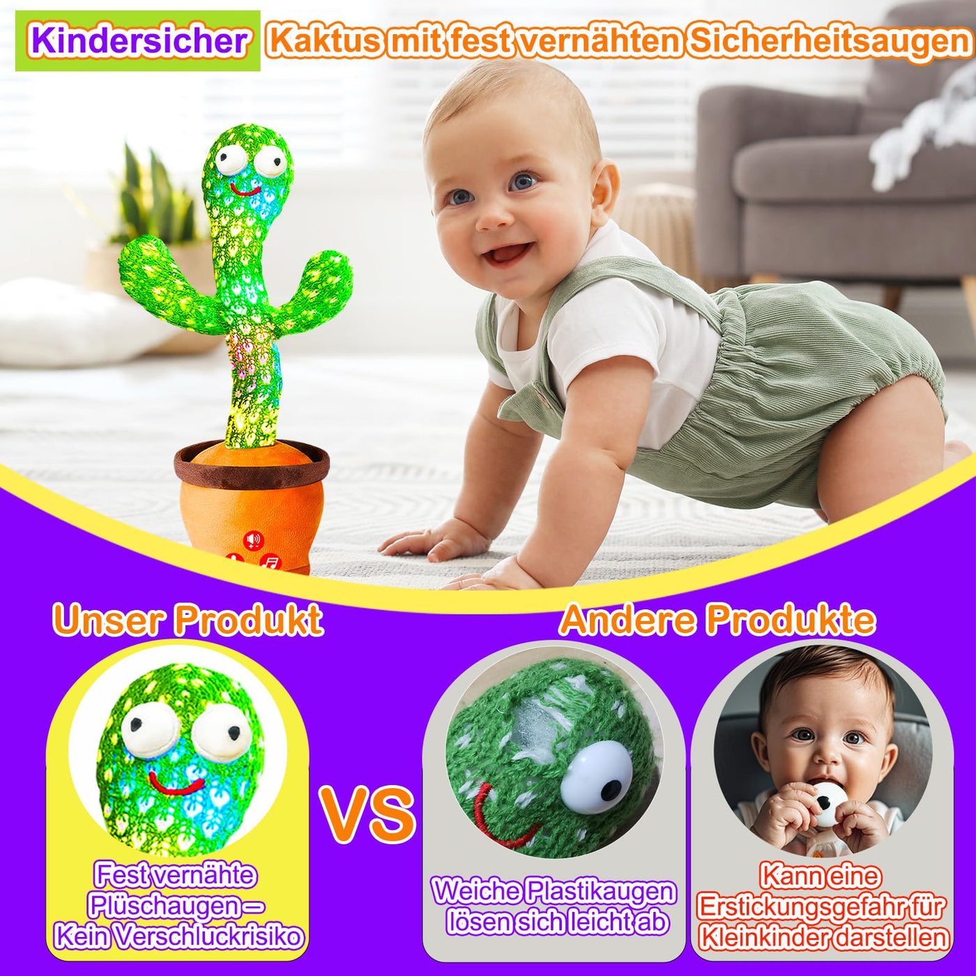 Vitosup Tanzender Sprechender Kaktus Baby Spielzeug, Lautstärke einstellbar, Nachahmend Singend Wiederholend, Interaktives Plüsch-Babyspielzeug/Geschenk für Jungen Mädchen