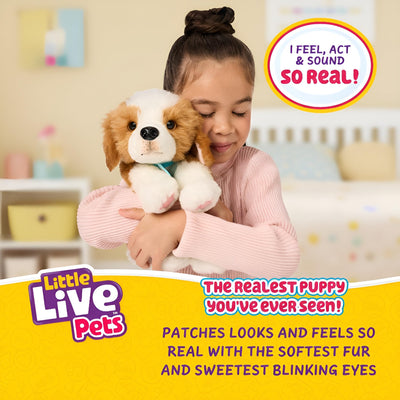 Little Live Pets My Really Real Puppy – Patches; Interaktiver Welpe; 60+ Geräusche/Reaktionen; realistisches Aussehen; 1 aus 72 Varianten; Spielset mit Transportbox; Batterien enthalten; ab 5 Jahren