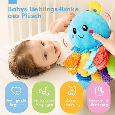 hahaland Oktopus Activity Sensorik Rassel mit Beißring,Spiegel,Baby Knister Spielzeug zum Greifen für Jungen und Mädchen 0 3 6 Monate,Neugeborene Geschenk, Montessori Greifling Spielzeug