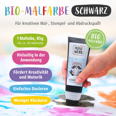 Miniwerk Bio Malfarbe Schwarz mit Schwammaufsatz aus natürlichen Rohstoffen, schadstofffrei wie Fingerfarbe - Fußabdruck Baby - Erinnerung und Dekoration für Baby- & Kleinkinderzimmer