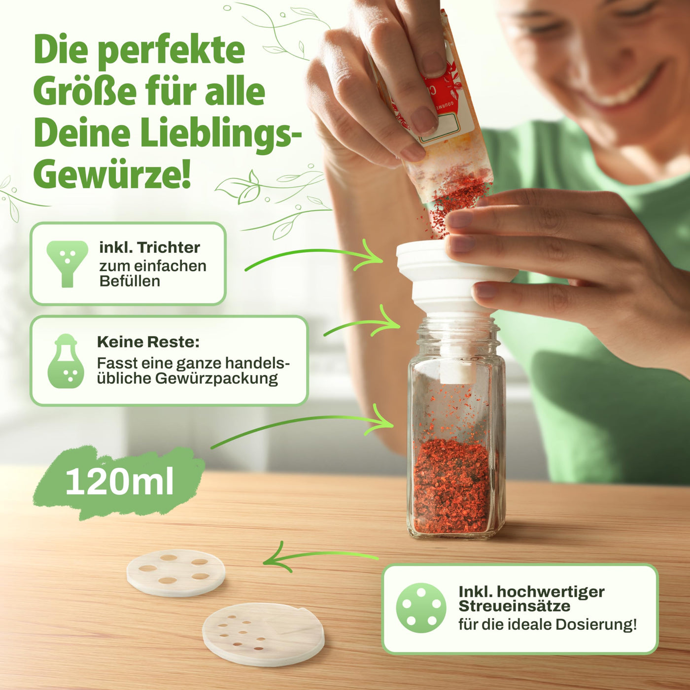 LAEVU Gewürzgläser Set Eckig | 24 Stk. 120ml - 10,7 x 4,5 cm | mit 350 Gewürzetiketten, 48 Streueinsätze, 1 Kreidestift zum Beschriften und noch mehr | 24