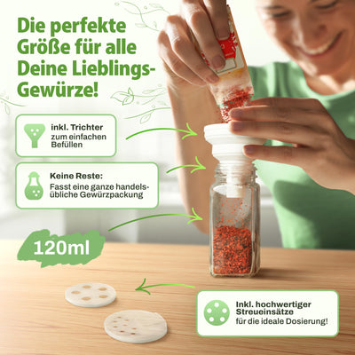 LAEVU Gewürzgläser Set Eckig | 24 Stk. 120ml - 10,7 x 4,5 cm | mit 350 Gewürzetiketten, 48 Streueinsätze, 1 Kreidestift zum Beschriften und noch mehr | 24