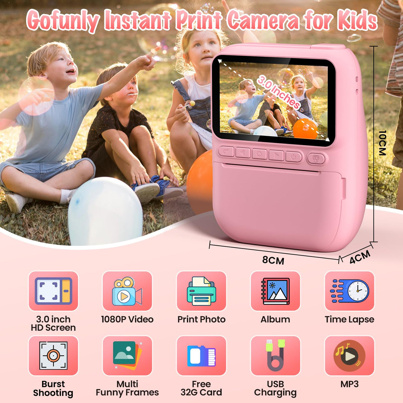 Gofunly Sofortbildkamera Kinder, 3.0 Zoll Bildschirm Kinderkamera Sofortbildkamera mit 32GB Karte & Druckpapier, 14MP/1080P Kamera Kinder Sofortdruck, Geschenk für 3-12 Jahren (Rosa)