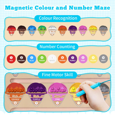 Montessori Spielzeug ab 3 Jahre,Magnetspiel Labyrinth Spielzeug Busy Board,Holzspielzeug Zahlen und Farben Lernspielzeug Motorikspielzeug ab 3 4 5 6 Jahre,Weihnachts Geschenk für Kinder Jungen Mädchen