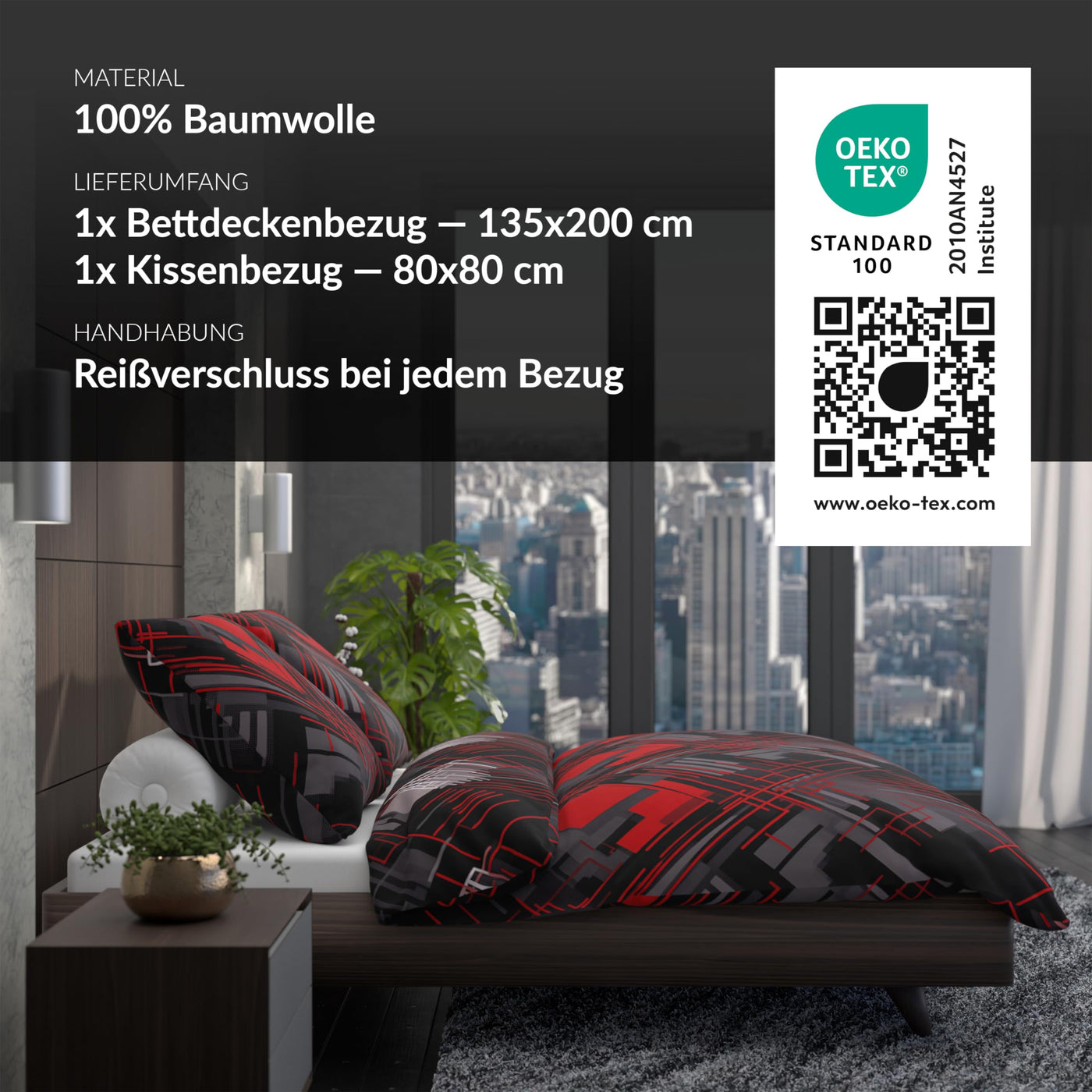 LARAWELL Bettwäsche 135x200 Baumwolle ganzjahres Bettwäsche-Sets rot grau abstrakt geometrisch Premium