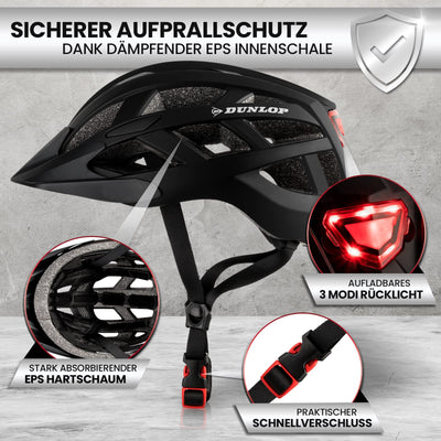 Dunlop Sports Fahrradhelm mit Licht - Sofort gesehen Werden - Ultraleichter Spezial Damen Herren Kinder Fahrrad Helm mit Visier und Rücklicht für hohe Sicherheit - Urban (Schwarz, M (55-59 cm)