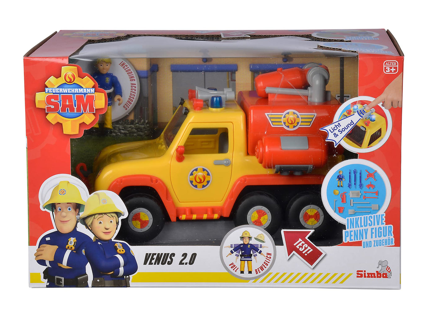 Simba 109251094 - Feuerwehrmann Sam Feuerwehrauto Venus 2.0 mit Figur, Originalsound, Blaulicht, Pfeilschussfunktion, Türen zum Öffnen, Penny Spielfigur, viel Zubehör, 19cm, ab 3 Jahren