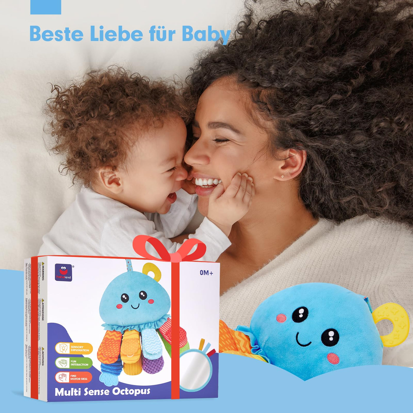 hahaland Oktopus Activity Sensorik Rassel mit Beißring,Spiegel,Baby Knister Spielzeug zum Greifen für Jungen und Mädchen 0 3 6 Monate,Neugeborene Geschenk, Montessori Greifling Spielzeug