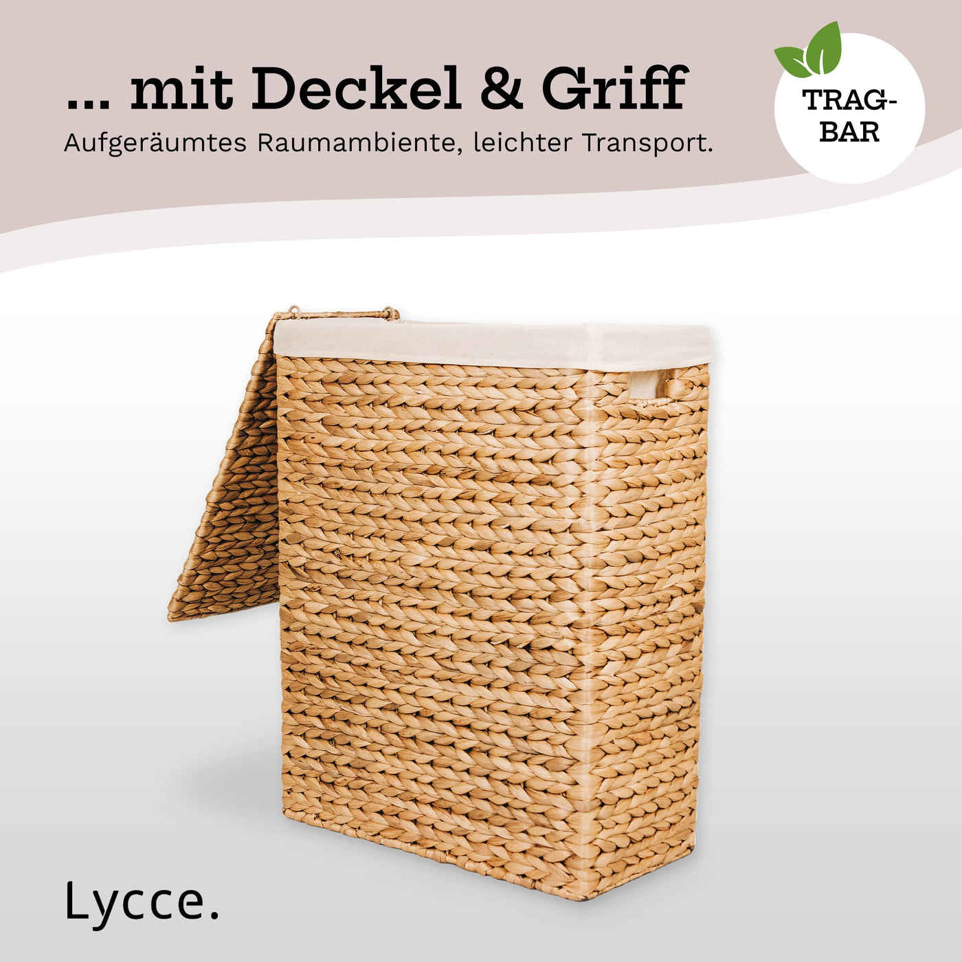 Lycce Wäschekorb mit Deckel 58 l Nischenwäschekorb Wasserhyazinthe Wäschekorb schmal für wenig Platz - großer Stauraum natur (Gr. 2)