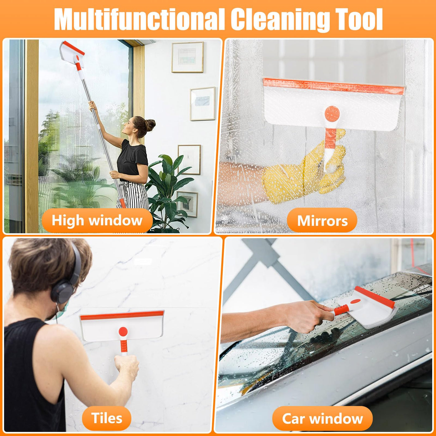 Alyvisun Fensterputzer Teleskop, Professioneller Fensterwischer mit Verlängerungsstange [132cm], 2 in 1 Fensterputzer Set mit Silikonabzieher & 4 Mikrofaserschrubber für Hohe Fenster