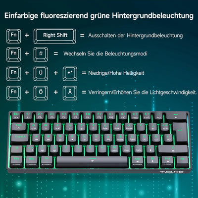 TMKB T61SE Gaming Mechanische Tastatur mit Deutsches QWERTZ Layout,Rote Schalter,Schwarz
