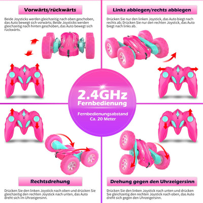Rodzon Ferngesteuertes Auto Crawler 3 4 5 6 7 8 9+ Jahre Mädchen Spiele RC Auto mit LED Blinken Spielzeug Mädchen Geschenke Kinder Toy 2.4Ghz 4WD 360° Flip RC Car mit 2 Aufladbarer Batterien (Rosa)