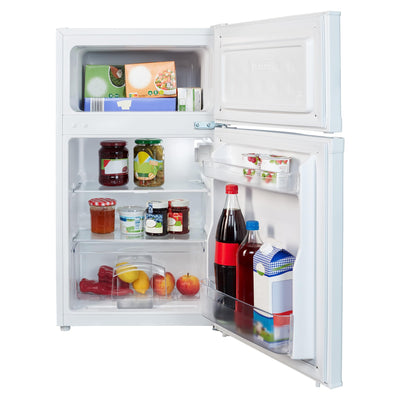 MEDION Mini Kühl-Gefrierkombination (85 Liter, 61L Kühlteil, 24L Gefrierteil, freistehend, 40 dB, transparente Gemüseschublade, Türanschlag wechselbar, MD 37689) weiß