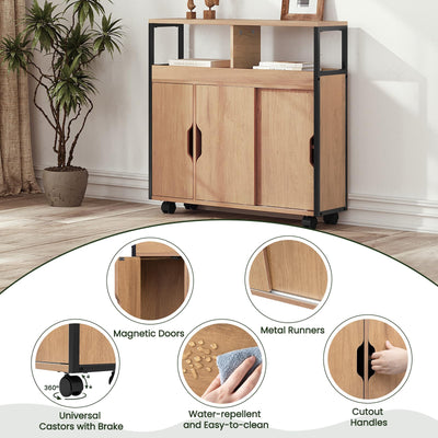 EUGAD Badezimmerschrank, Nischenschrank schmal, Badschrank mit 2 offenen Fächern, Verstellbarer Ablage, Schiebetüren, Nischenregal mit Rollen, 70x70x20 cm, schwarz helle Eiche