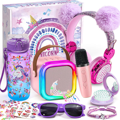 G.C Einhorn Geschenke für Mädchen 6-12 Jahre, Mini Karaoke Maschine mit LED Kindermikrofon, Trinkflasche Basteln, Verdrahtet Kopfhörer, Einhorn Spielzeug Weihnachten Geschenke Mädchen