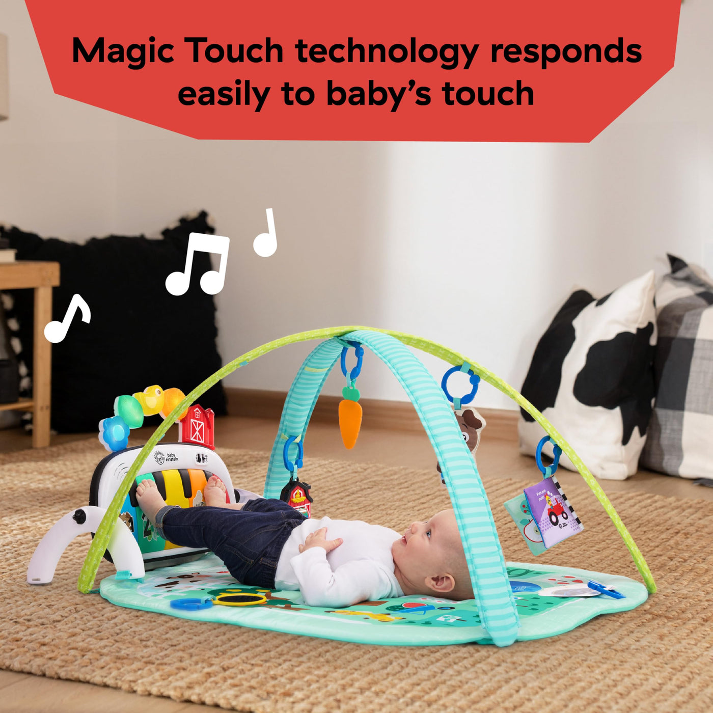 Baby Einstein Farm Explorers 4-in-1 Kickin' Tunes Musical Meadow Musik- & Sprachentdeckungs-Spielbogen, Spielmatte mit Kick-Piano, ab 0 Monaten