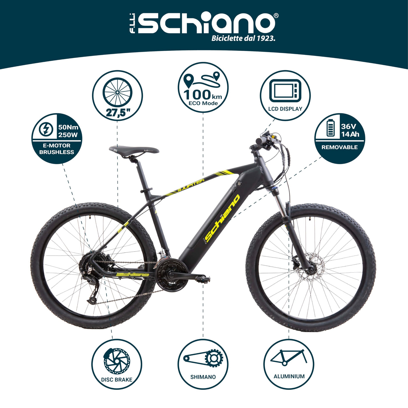 F.lli Schiano E-Jupiter, E Bike Mountainbike, 27.5 Zoll, 36V 14Ah Abnehmbarer Akku, Motor 250W 50Nm, MTB Ebike für Herren/Damen, Schwarz-Gelb