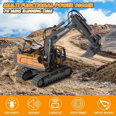 maysida Ferngesteuerter Bagger Spielzeug mit Licht & Sound für Jungen 3-12 Jahre, 2,4 GHz RC Bagger mit Metallschaufel & 680°Drehung für Kinder, Jungen Geschenk für Geburtstag/Weihnachten