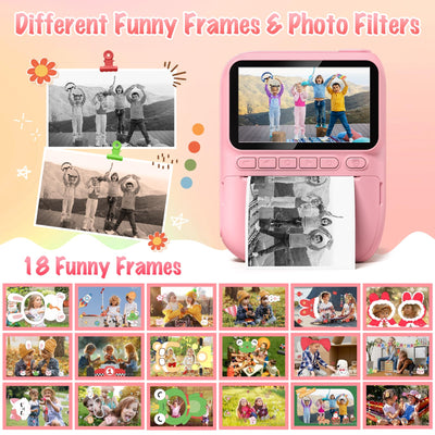 Gofunly Sofortbildkamera Kinder, 3.0 Zoll Bildschirm Kinderkamera Sofortbildkamera mit 32GB Karte & Druckpapier, 14MP/1080P Kamera Kinder Sofortdruck, Geschenk für 3-12 Jahren (Rosa)