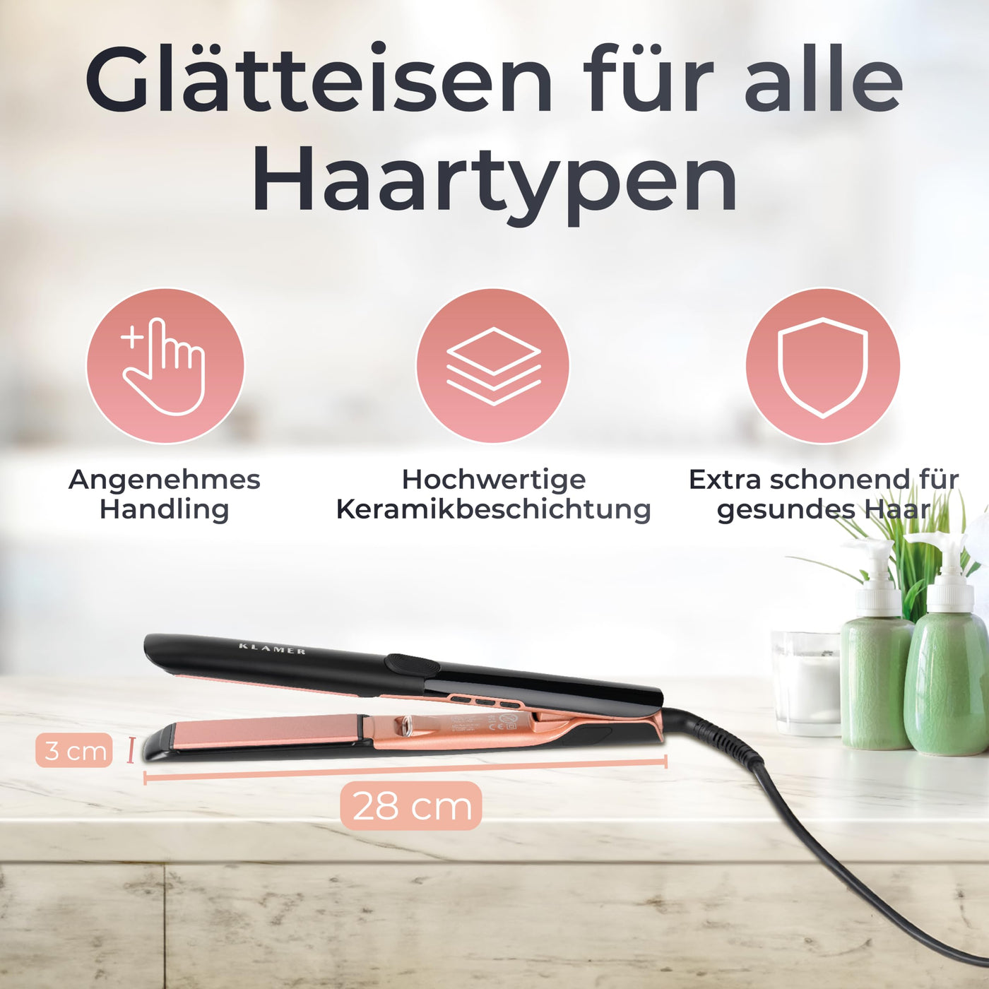KLAMER Glätteisen 2 in 1,Haarglätter mit Ionen Technologie: weniger Frizz & statische Aufladung, Premium Keramik Beschichtung, 20s Schnellaufheizung, LCD-Display, 160°C -260°C, rosé