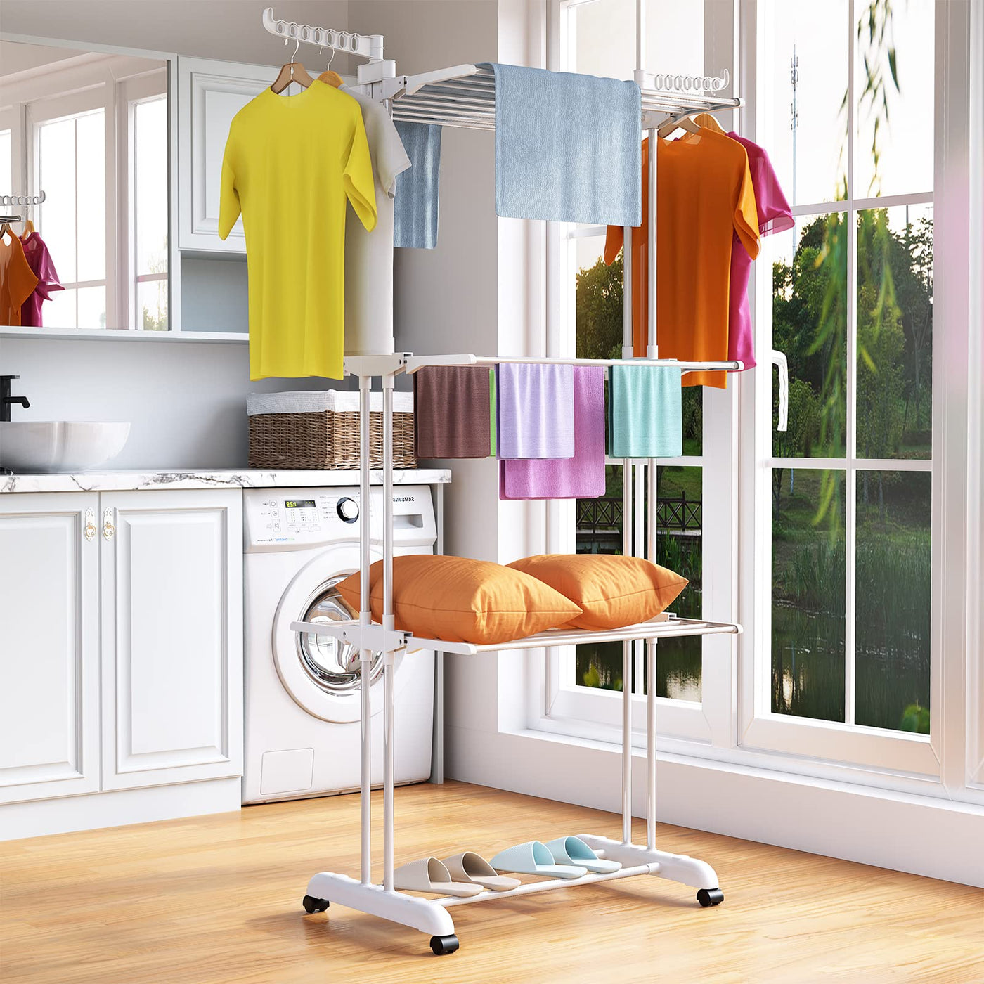 Innotic Wäscheständer mit Rollen Multifunktional 4 etagen Wäscheständer Turm Klappbar Standtrockner Wäscheständer Platzsparender mit Flügel Wäscheturm fur Innen und draußen (Weiß Grau)