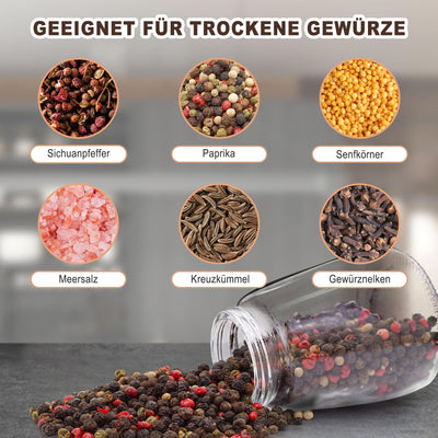KitchenBoss Salz und Pfeffermühle 2er Set：Gewürzmühle Einstellbar Salzmühle für Grobes Salz, Salt and Pepper Grinder mit Keramikmahlkern, für Salz, Pfeffer, Chilli (Unbefüllt)