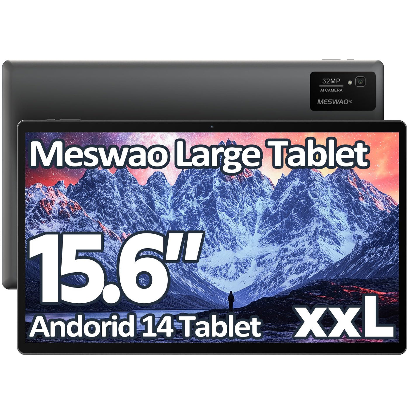 MESWAO 15,6 Zoll Tablet, MES-B3 Android 14 Großes Tablets mit IPS-Display, Helio G99 Octa-Core, 6GB RAM+128GB ROM(1TB TF) Tablett, 12000mah, BT5.0, 2.4G/5G WiFi, 32MP Kamera