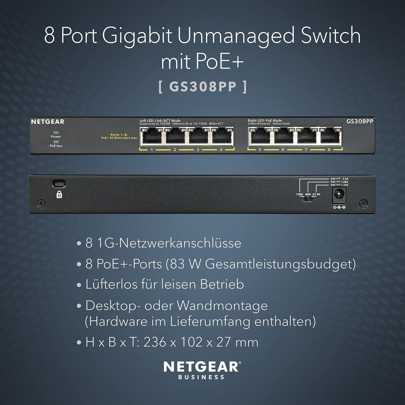 NETGEAR GS308PP PoE Switch 8 Port Gigabit Ethernet LAN Switch PoE+ 83W (Plug-and-Play Netzwerk Switch PoE, lüfterlos, robustes Metallgehäuse), schwarz
