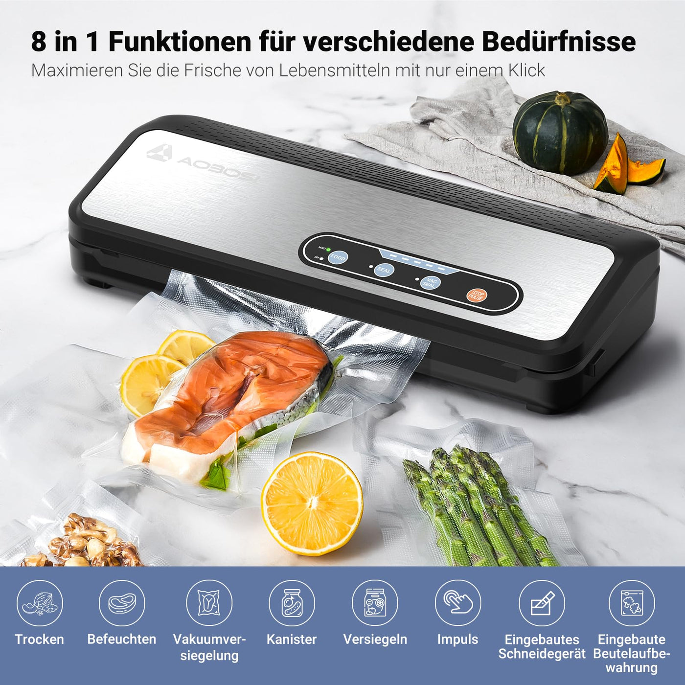Aobosi Vakuumiergerät, 90Kpa 8-IN-1 für trockene/feuchte Lebensmittel, Inkl. Cutter und Beutelaufbewahrung, Beutelrolle & 5 vorgeschnittene Beutel, Vakuumschlauch für Kanister