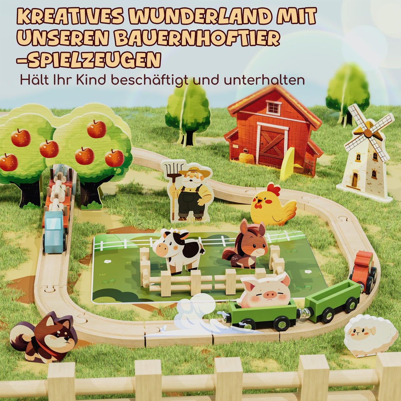 Lehoo Castle Holzeisenbahn, Eisenbahn Kinder, Holz Bauernhof Spielzeug ab 3 Jahre, Zug Spielzeug für Kinder ab 3 4 5
