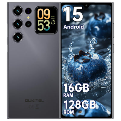 OUKITEL C62 Android 15 Smartphone Ohne Vertrag - 6.88" HD+ Handy mit Rückseitigem Display 16GB RAM+128GB ROM/1TB, 5000mAh Handy Günstig, Dual SIM Simlockfreie Handys/Face ID/GPS/OTG - Schwarz
