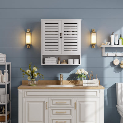 SMIBUY Badezimmerschrank Wandmontage, Bambus über der Toilette Lagerung Veranstalter, Platz sparende Medizin Schrank mit 2 Türen und verstellbaren Regalen (Weiß)