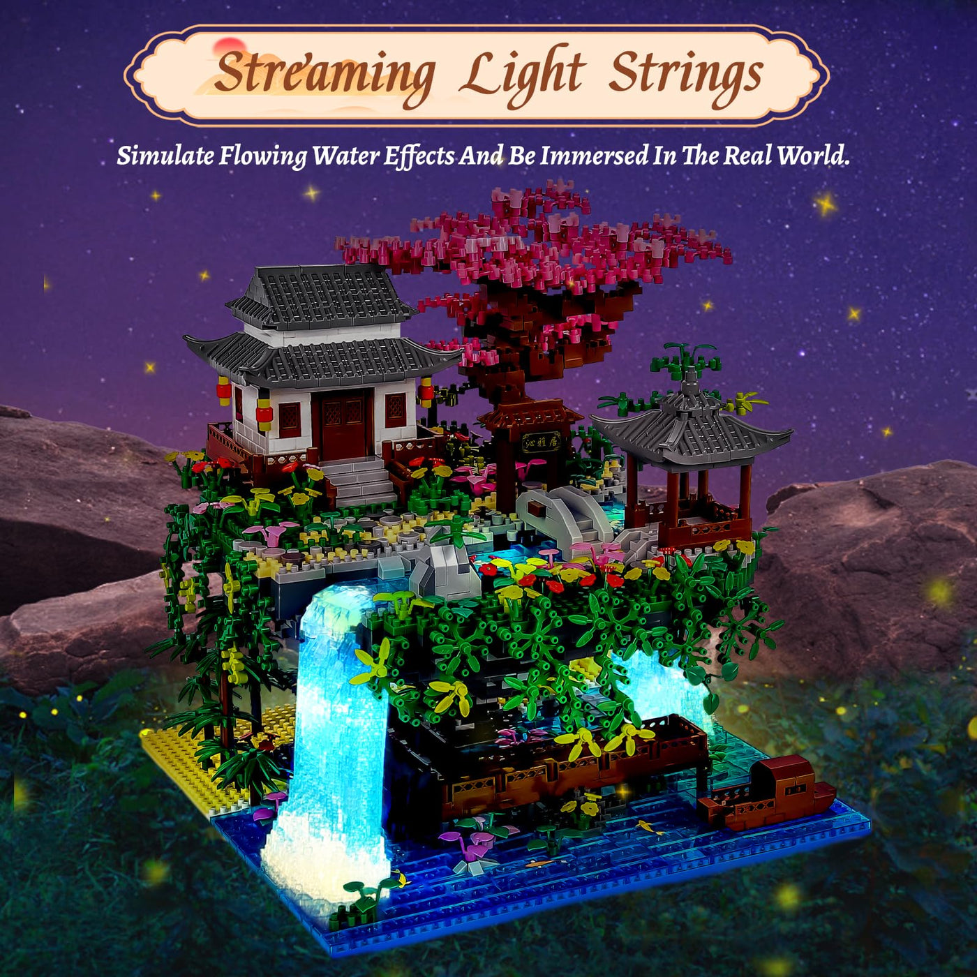 Charmofun 3320PCS Micro Bausteine, Klemmbausteine Haus mit LED, Botanical Garten-Set für Erwachsene mit Pfirsichblüten, Architecture Creative Geschenk Weihnachten für Frauen und Männer