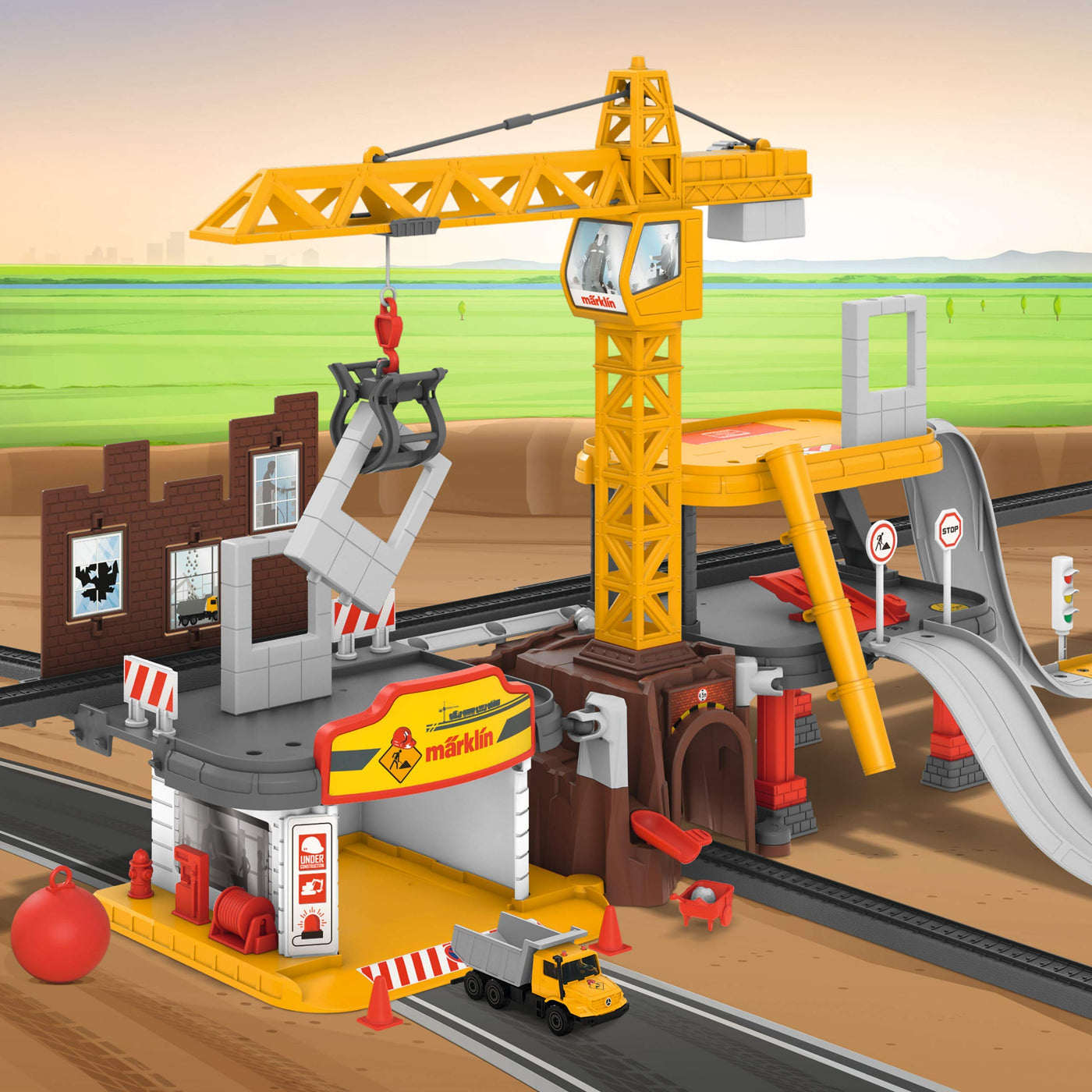 Märklin My World 72222 - Baustellenstation Ergänzungsset - Vollständig ausgestattet - Funktionaler Baukran - Bewegliche Elemente - Spur H0 - Für Kinder ab 3 Jahren