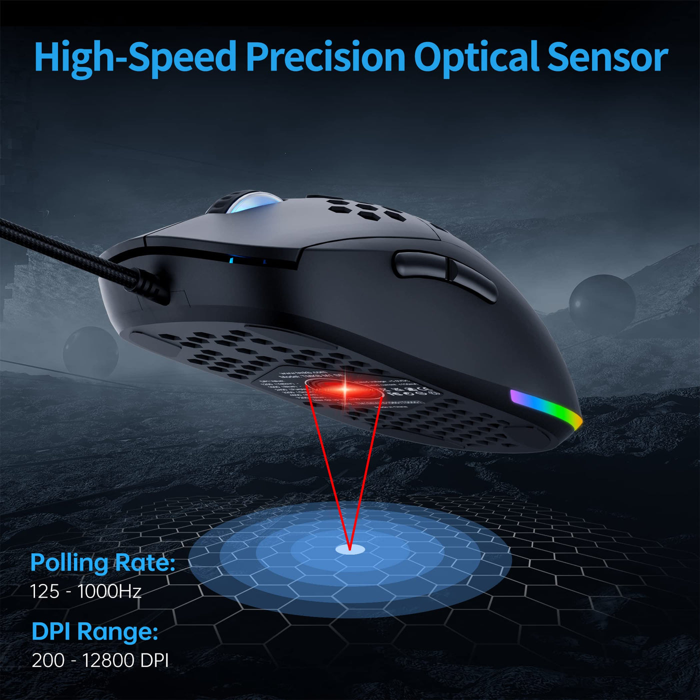 TMKB M1se Gaming Maus mit 12800 DPI Optischer Sensor,6 Programmierbare Tasten Wabenmaus,Anpassbares RGB Computer Mouse,Schleppfreies Paracord,Ergonomische für Windows PC MAC-Schwarz