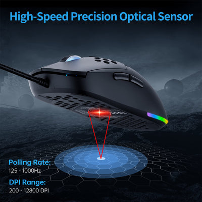 TMKB M1se Gaming Maus mit 12800 DPI Optischer Sensor,6 Programmierbare Tasten Wabenmaus,Anpassbares RGB Computer Mouse,Schleppfreies Paracord,Ergonomische für Windows PC MAC-Schwarz