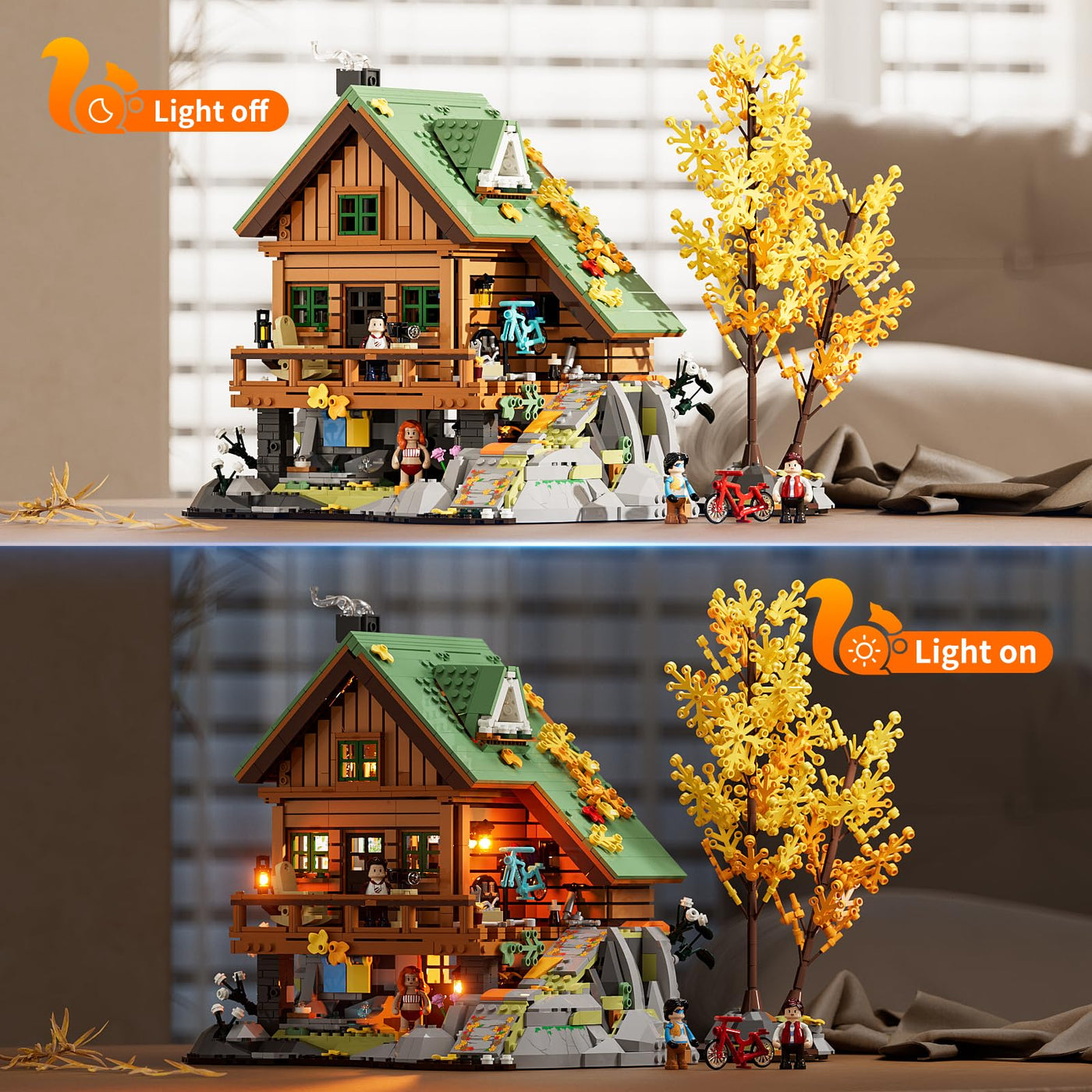 FUNWHOLE Mountain Cabin Bauklötze Set, 2255 PCS BergHütte Klemmbausteine mit LED Licht Wald Lodge Bausteine Modell Bauspielzeugset für Erwachsene und Jugendliche