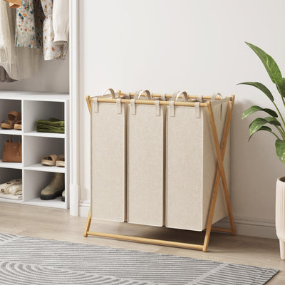 Lifewit 3 Fächer Faltbare 150L Wäschekorb Großer Bambus Frame Wäschesammler Wäschesack Faltbare Schmutzige Kleidung Sorter mit 3 Abnehmbaren Taschen，Wäschesortierer Bambus Beige