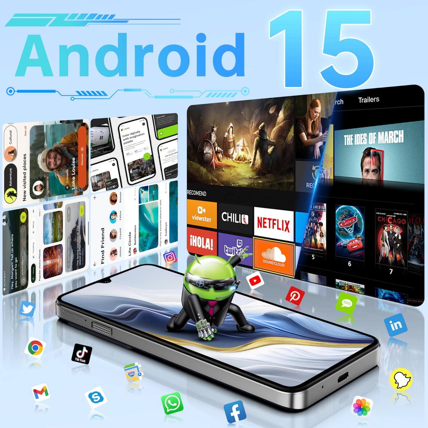 OUKITEL C60 Handy Ohne Vertrag Android 15-16GB+128GB 10000mAh Smartphone Ohne Vertrag 6.88 Zoll 90Hz 13MP+5MP Kamera 120LM Taschenlampe,Lautsprecher,GPS, Dual SIM 4G Simlockfreie Handys,Blau