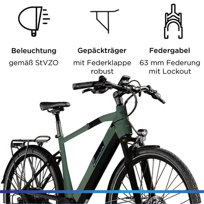 ZÜNDAPP Ebike Herren 28 Zoll Trekkingfahrrad | E Bike 8 Gänge 175-195 cm Elektro Fahrrad | E-Bike Elektrofahrrad mit hydraulischen Scheibenbremsen | Z810 (dunkelgrün metallic, 52 cm)